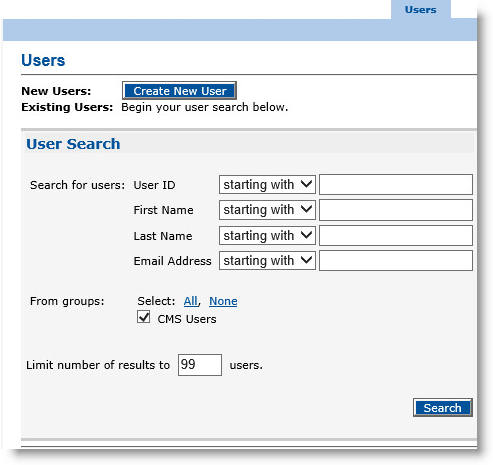 Users tab of CMS Operator portal with a Create New User button, as well as various User Search fields